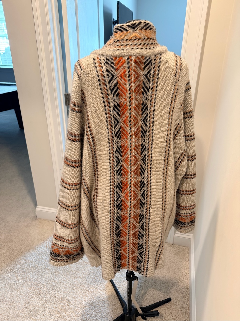 H&M Cream Sweater Cardigan with Rust and Black Geometric Stripes